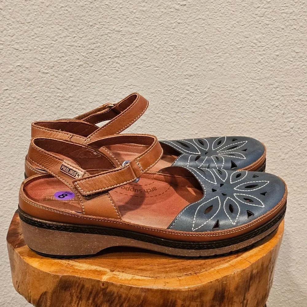 Pikolinos Granada W0W-1985 Leather Platform Wedge Sandals Floral Cutout 38/8